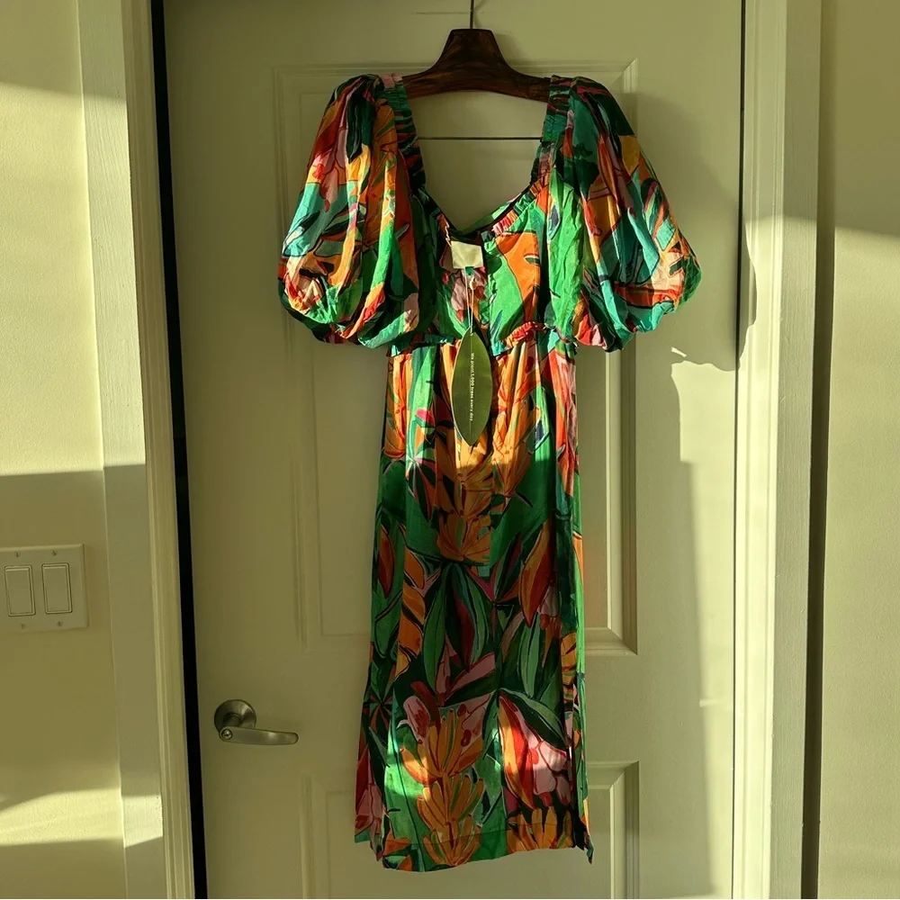 Farm Rio Multicolor Banana Foliage Puff Sleeve Midi Dress - Picture 10 of 12